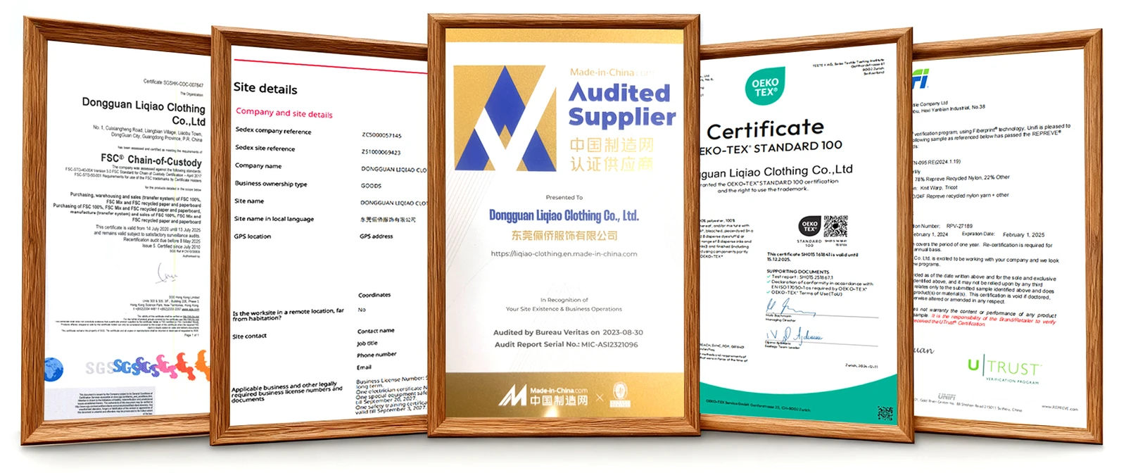 Liqiao supplied documents: FSC chain of custody, Sedex site information, Made-in-China audited supplier, OEKO-TEX Standard 100 and UNIFI material verification